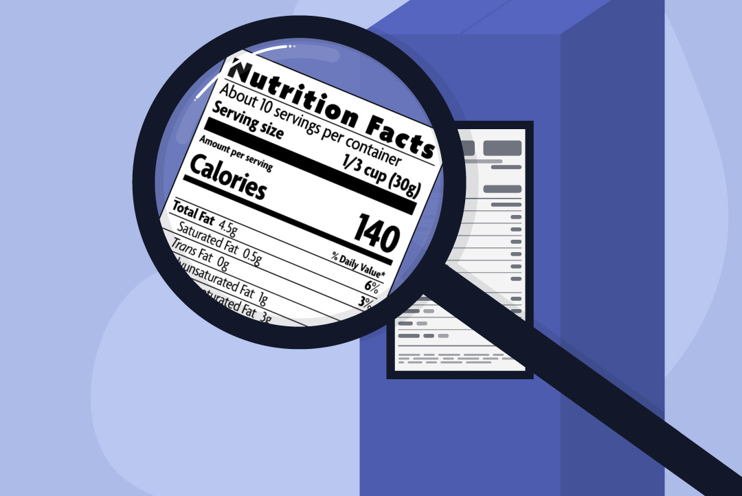 nutrition facts on a package seen through a magnifying glass