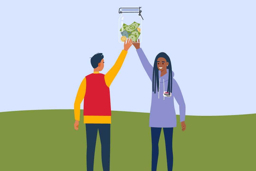 Costco employees holding a jar of money