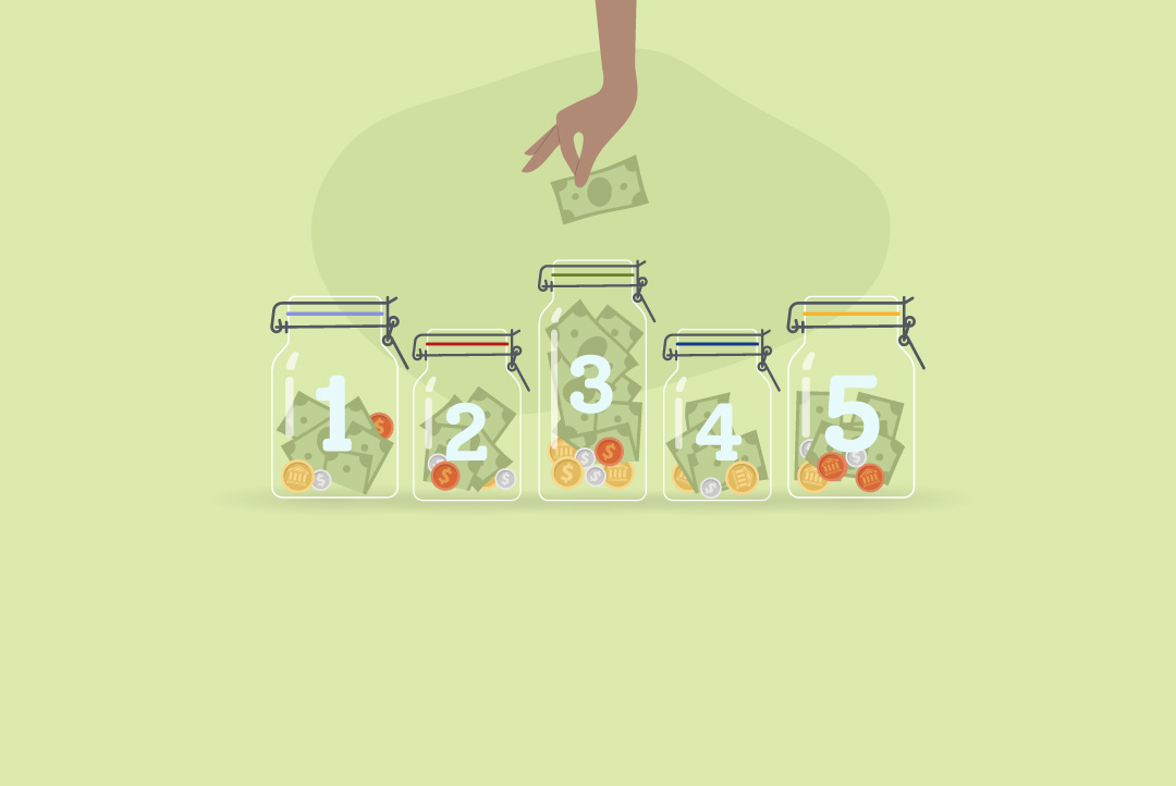 hand putting a paper money into one of five jars