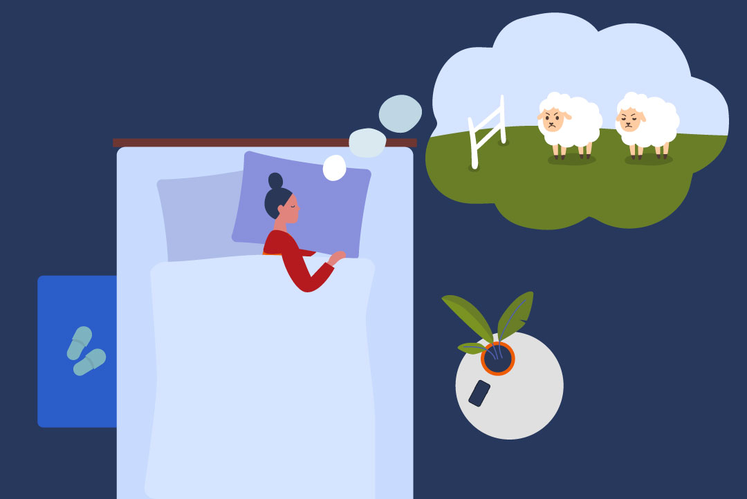 woman almost asleep, sheep are not jumping over the fence in her dream