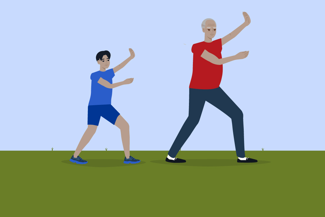 grandfather and grandson doing tai chi