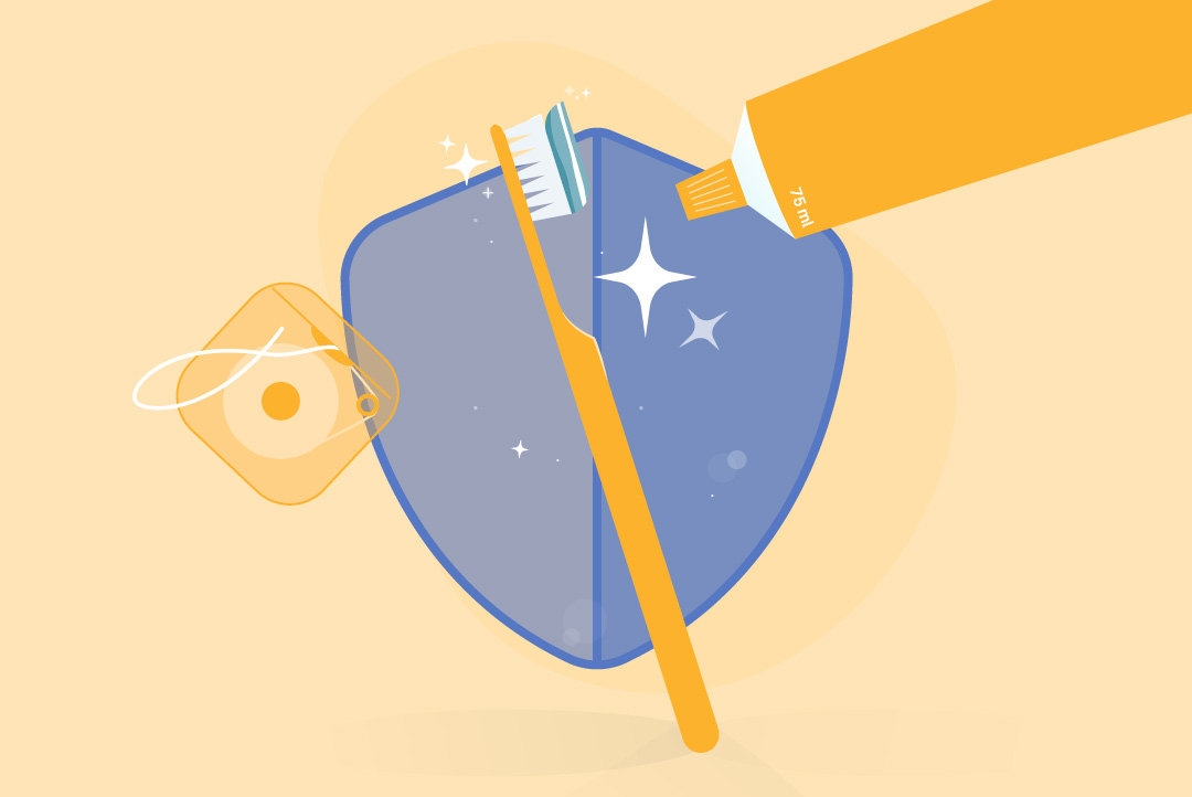 toothbrush, toothpaste, and floss, shimmering brightly in front of shield