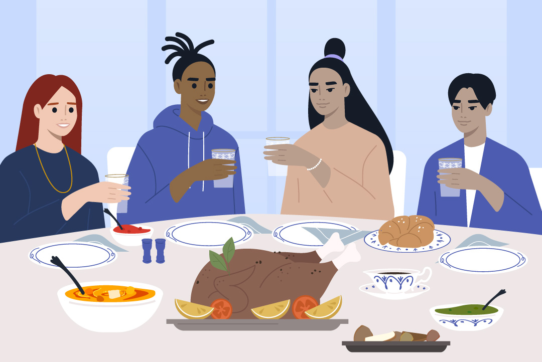 loved ones gathered around a thanksgiving table
