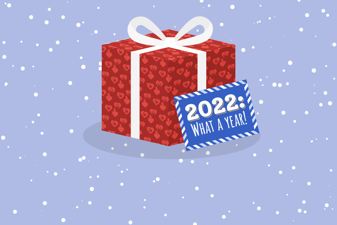 wrapped gift with big bow and card that reads " 2022: what a year!"