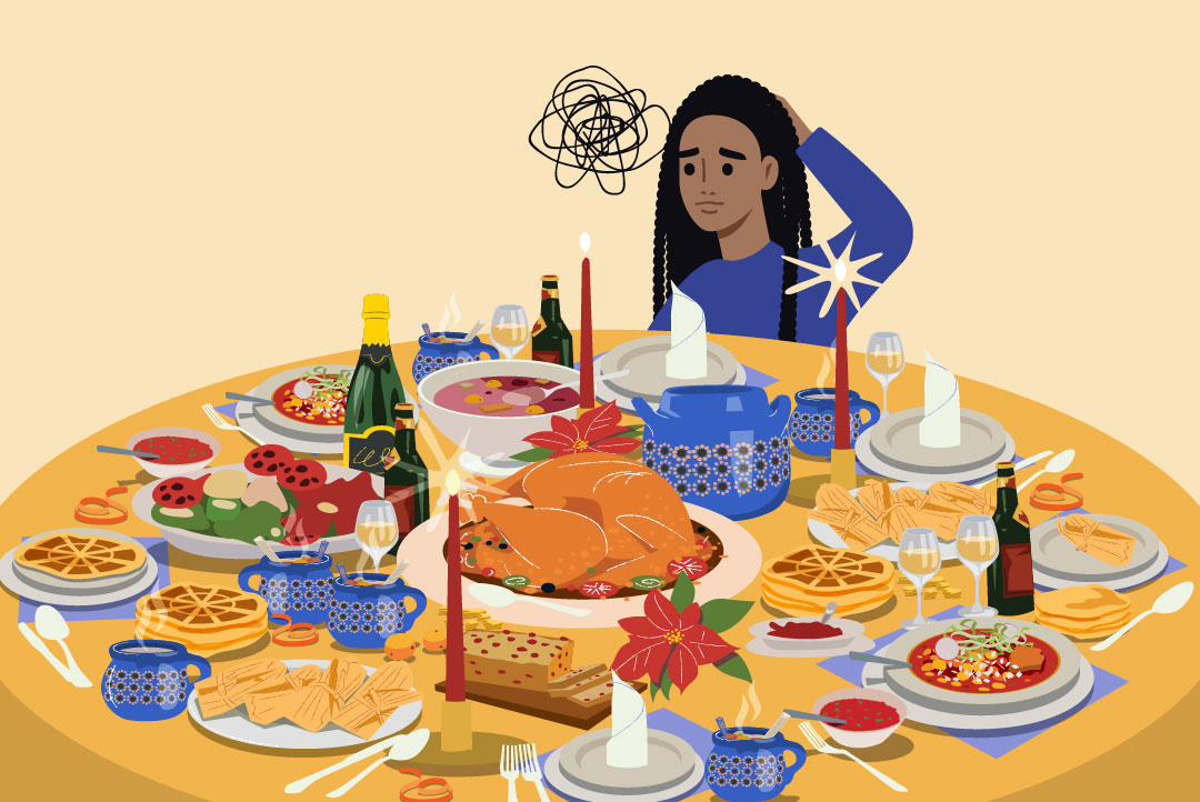person stressed at bountiful dinner table
