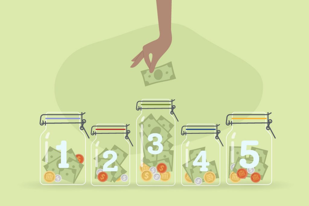 hand putting a paper money into one of five jars