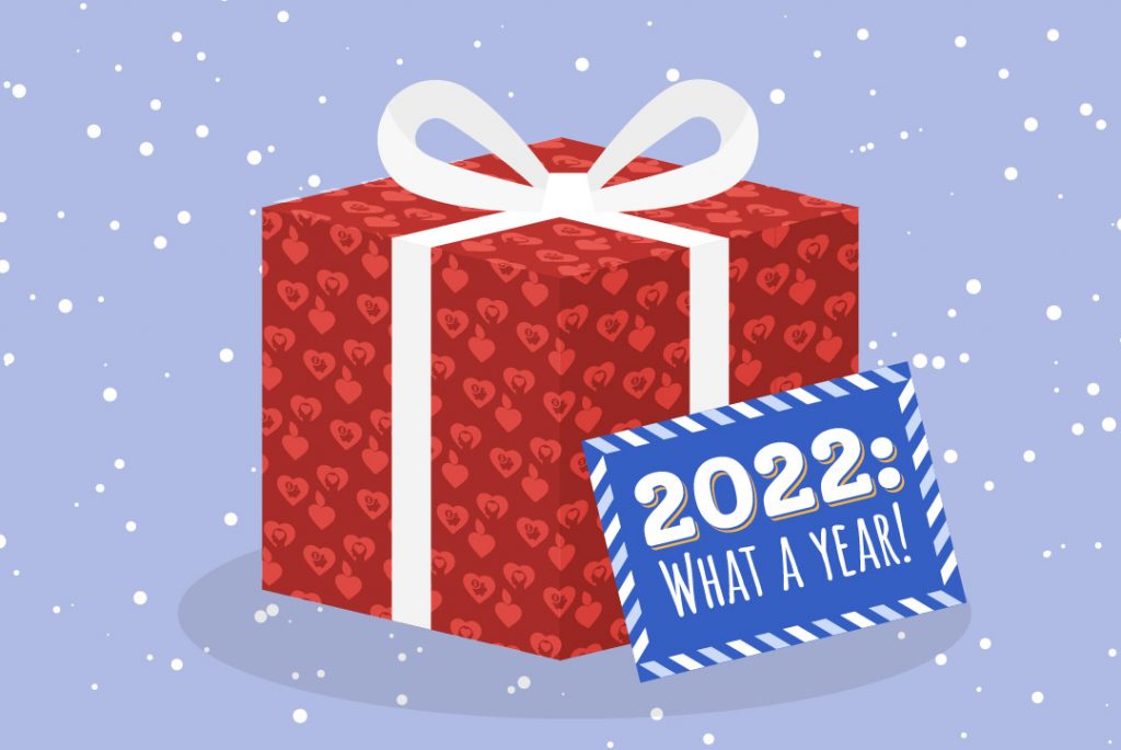 wrapped gift with big bow and card that reads " 2022: what a year!"