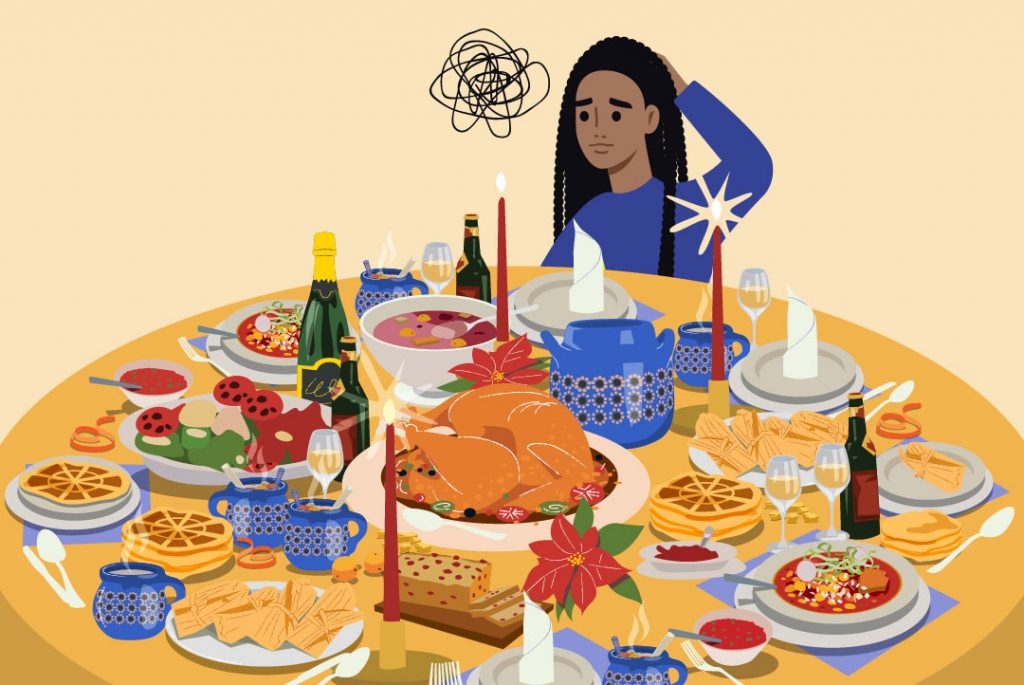 person stressed at bountiful dinner table