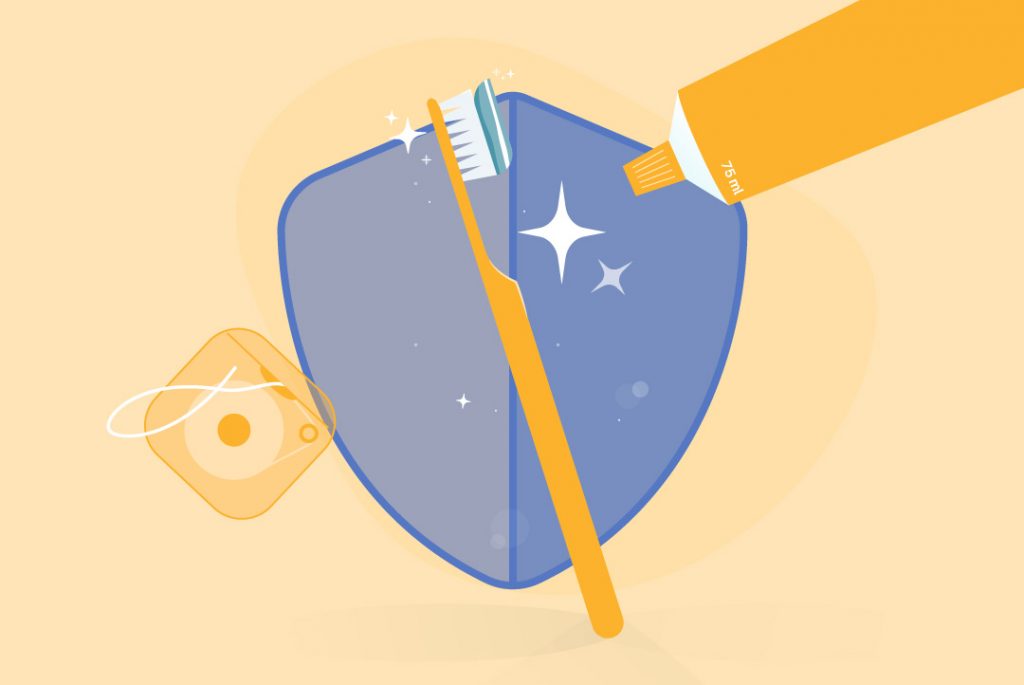 toothbrush, toothpaste, and floss, shimmering brightly in front of shield