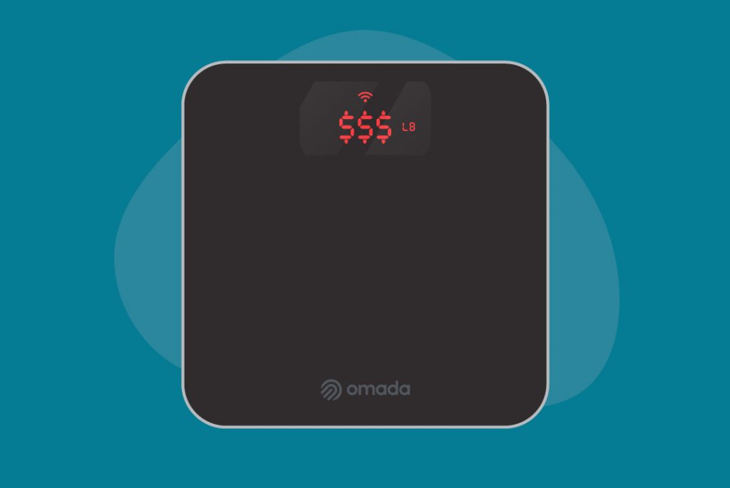 Omada digital scale for personal weight indicates dollar signs instead of pounds
