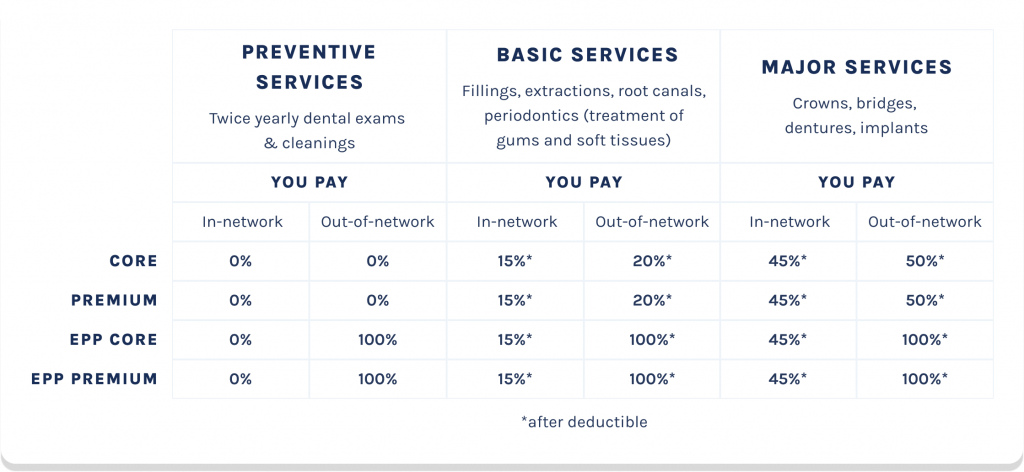 table of prices based on plan and network