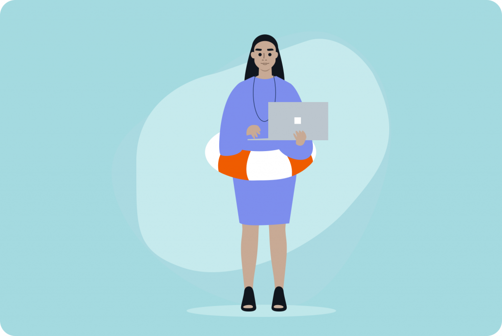 person with laptop and life preserver