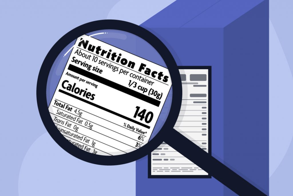 nutrition facts on a package seen through a magnifying glass