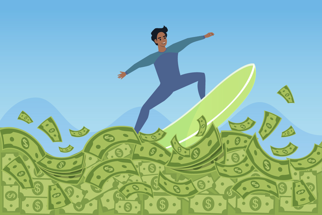 person surfing on wave of money