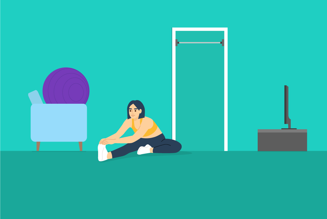 person stretching at home with exercise equipment