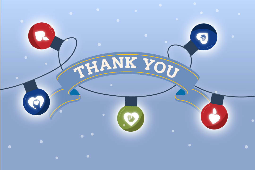 a banner that reads "thank you" with festive lights