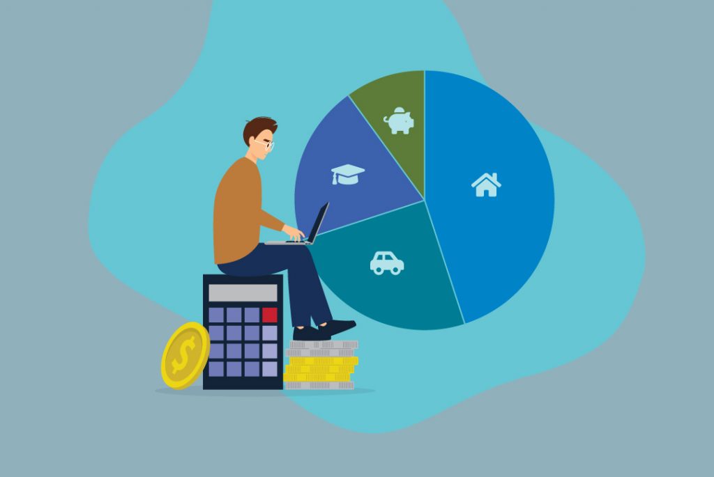 person with calculator and coins budgeting with a pie chart