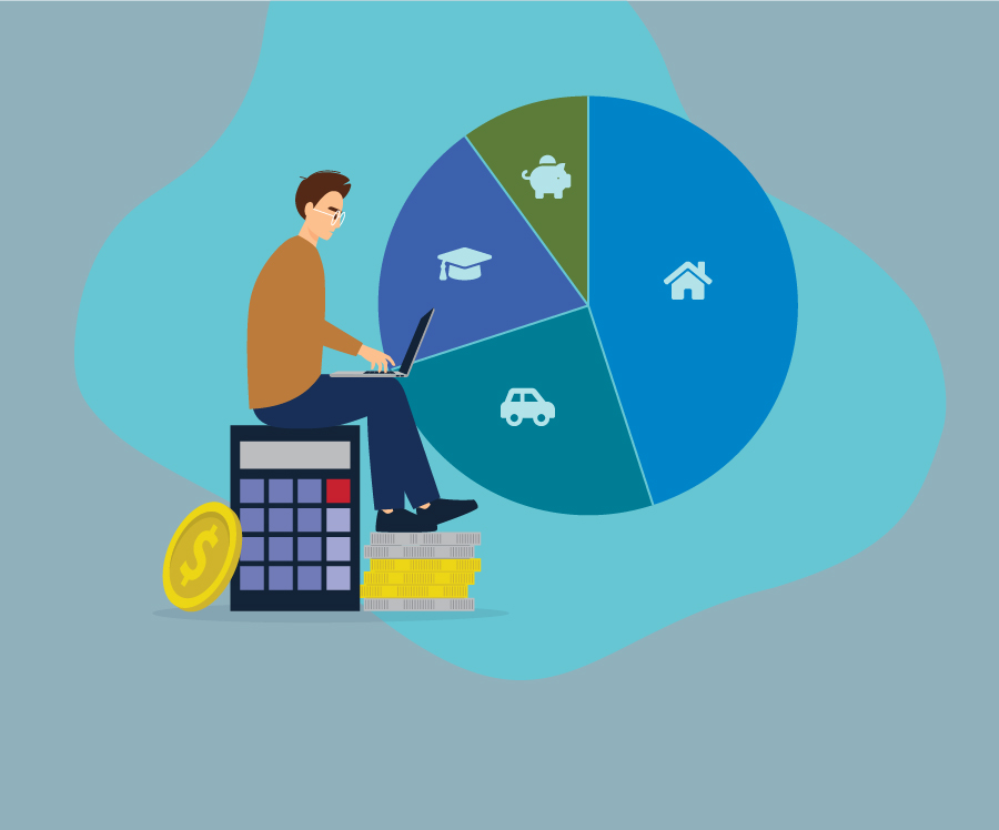 person with calculator and coins budgeting with a pie chart